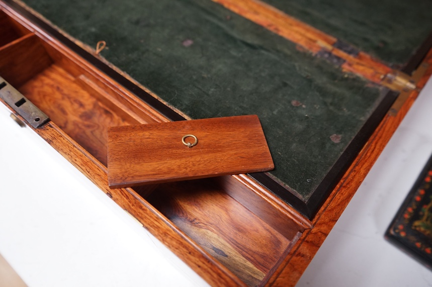 A late 19th century Anglo-Indian brass bound rosewood writing slope, 48cm wide. Condition - fair